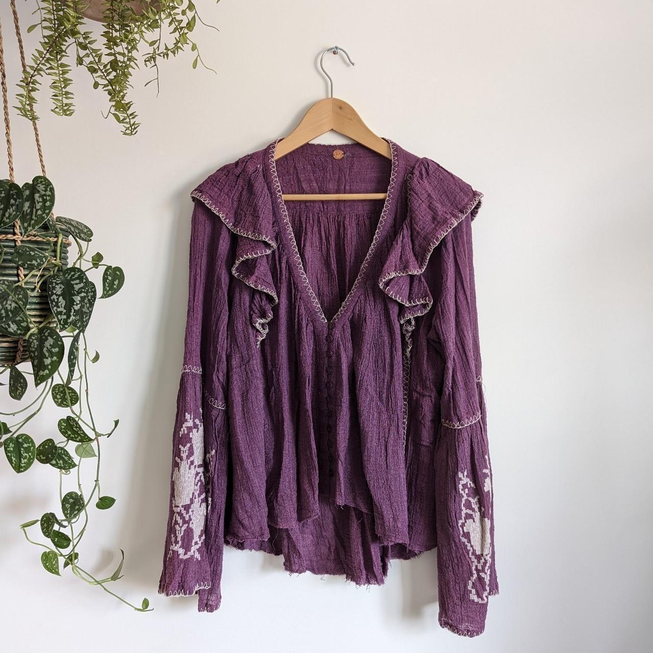 Free people long sleeve purple embroidery boho... - Depop