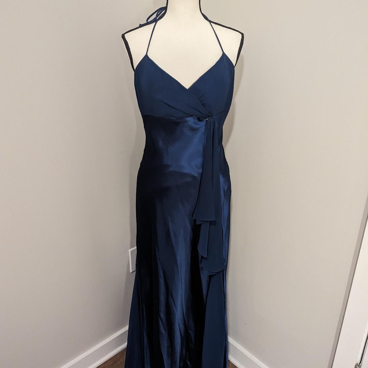 Dark blue satin long formal prom halter dress gown.... - Depop