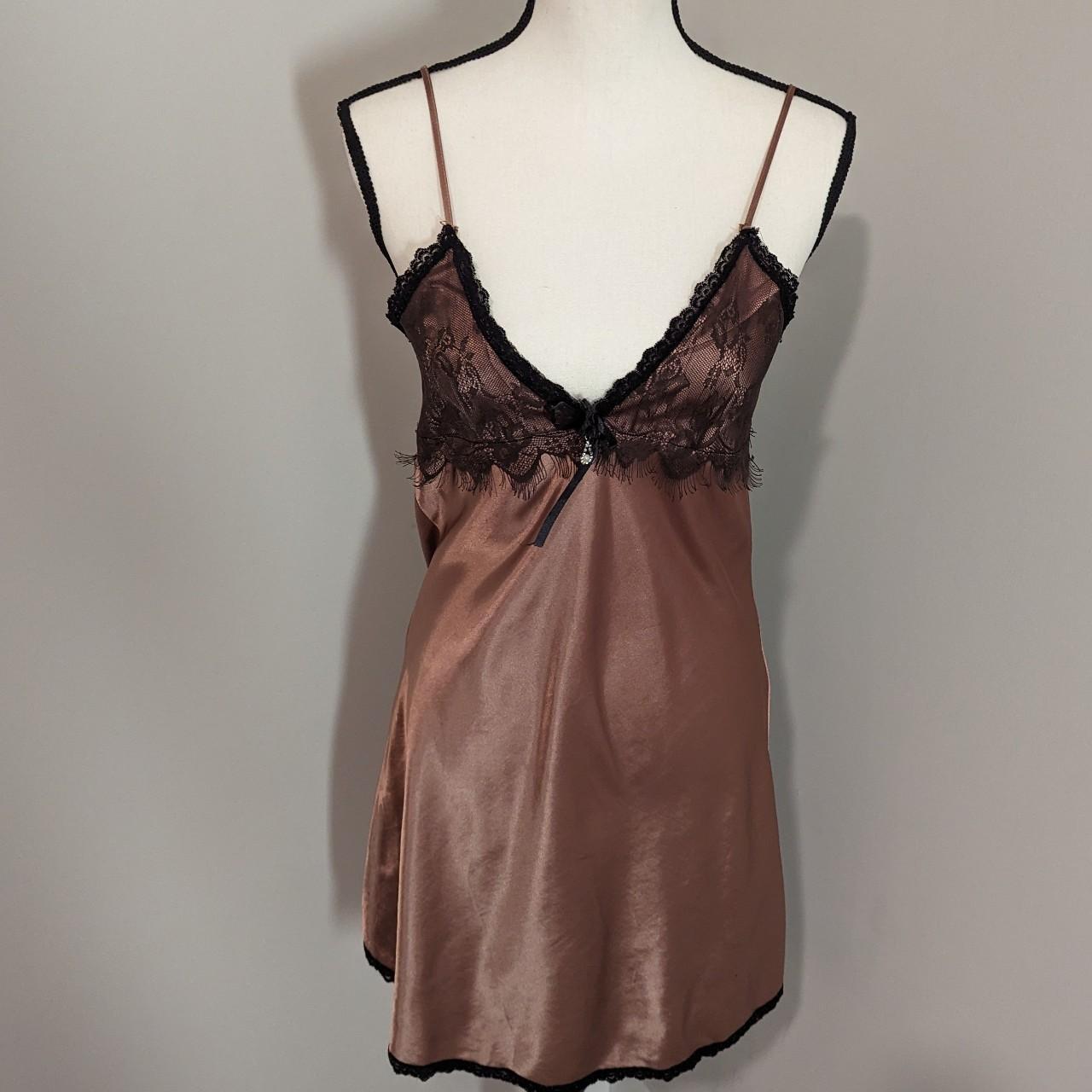 Satin with lace brown nightgown slip babydoll... Depop
