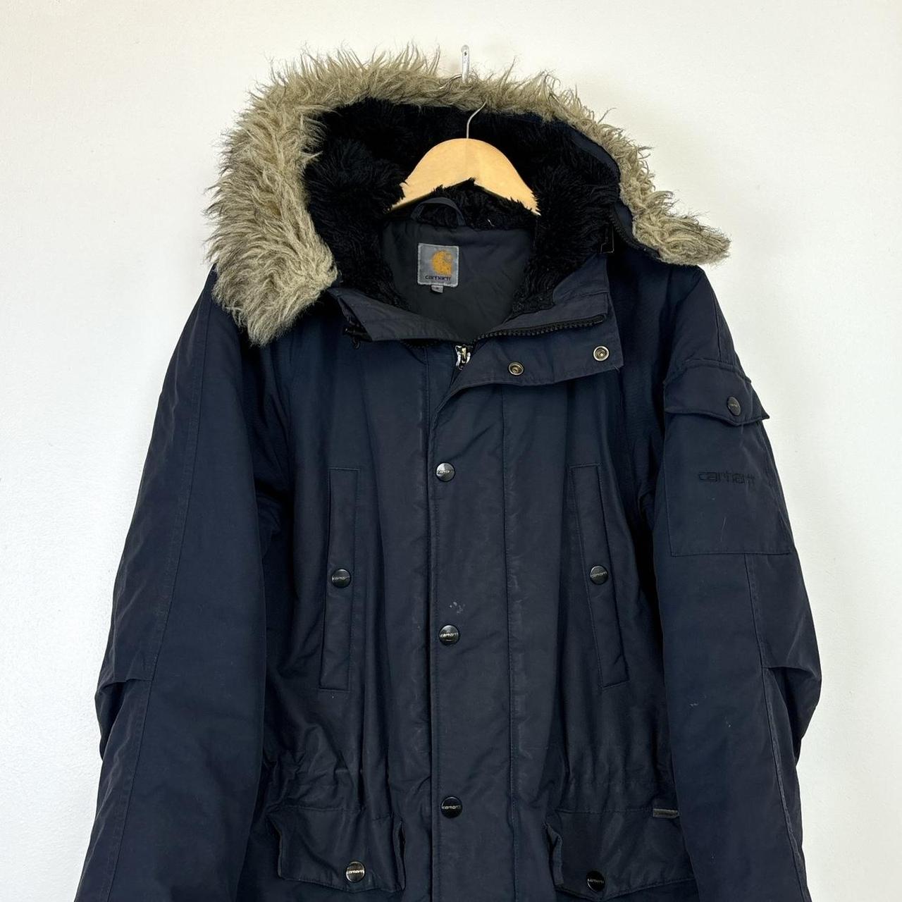 Carhartt Dark Blue Padded Parka Coat With Fur Hood