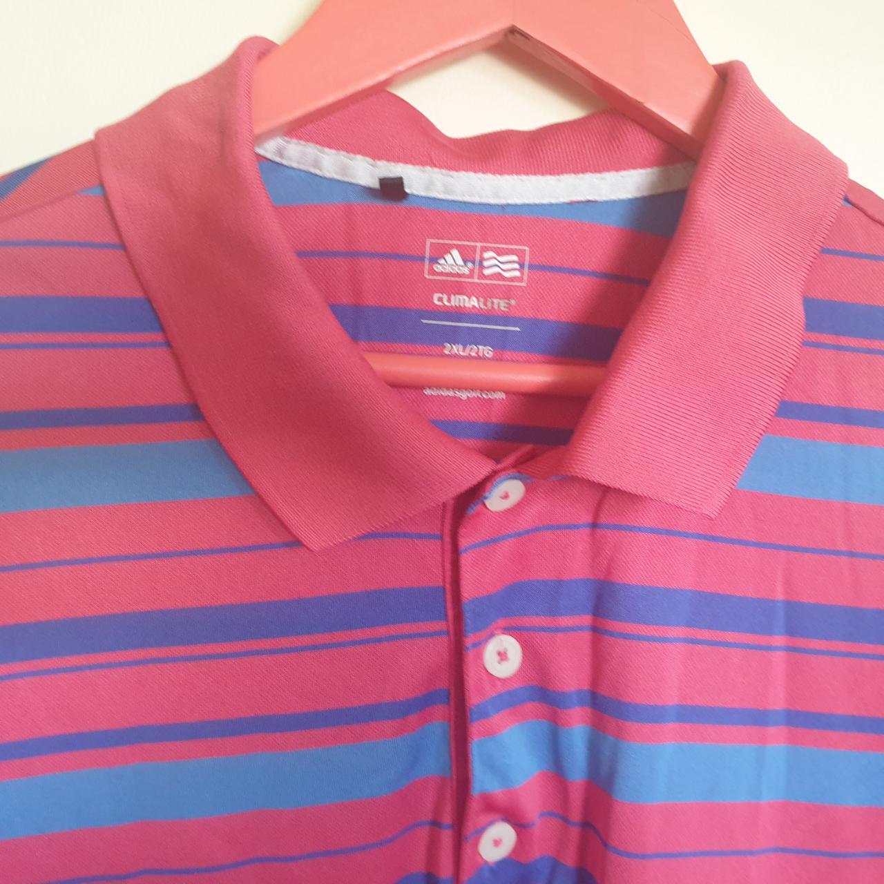 Adidas Pink Coral Blue Stripe Golf Polo Shirt Sz 2XL... - Depop