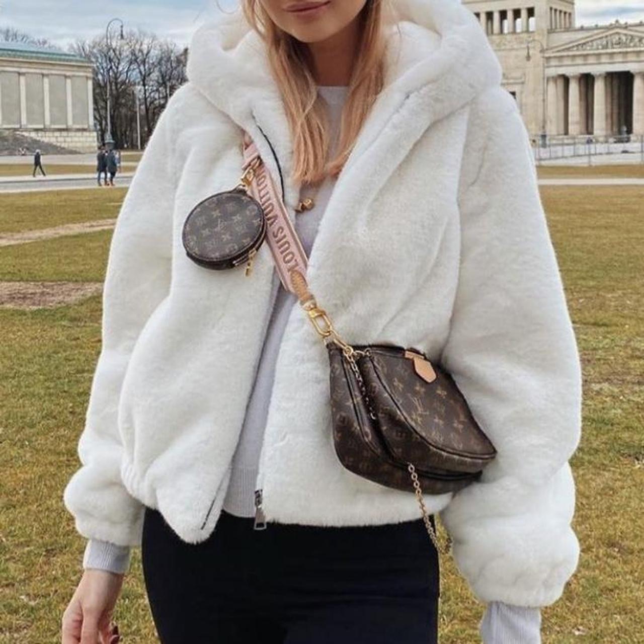 Twenty fall white fur bomber with hood Worn a few... Depop