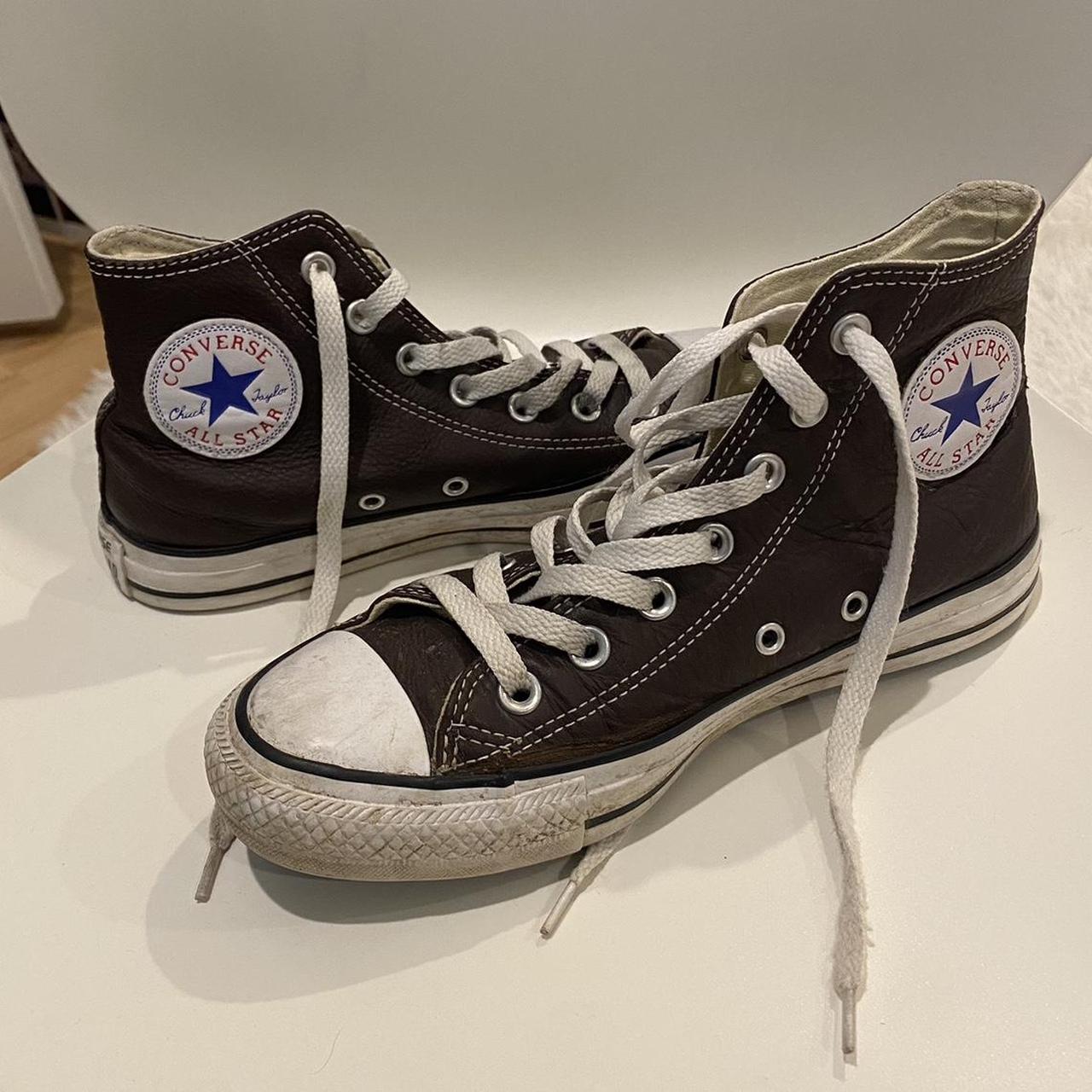 semi-worn leather brown high top converse - comes... - Depop