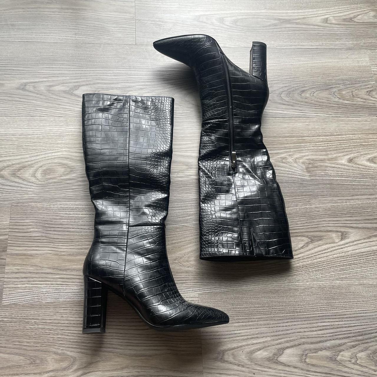 Black Leather Snake Skin Knee High Boots U.S