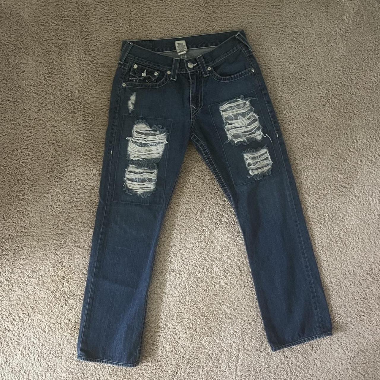 True Religion Men's Blue and White Jeans | Depop