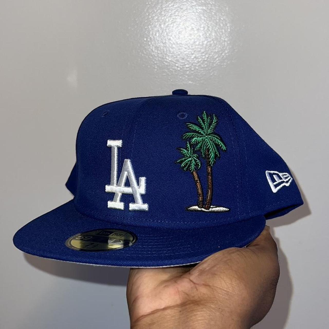 LA DODGERS PALM TREE NEW ERA FITTED 7 1/2 GREY UNDER... - Depop