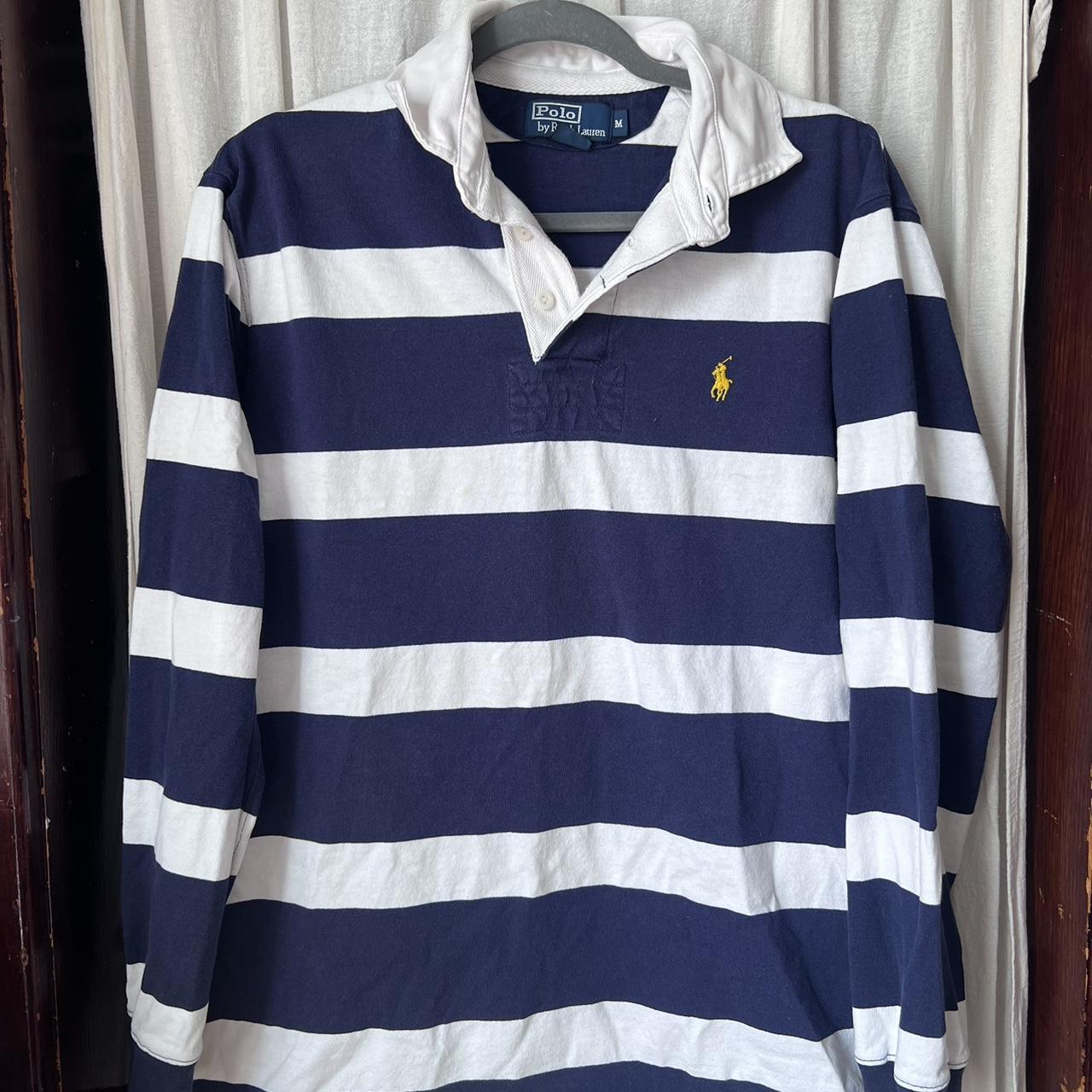 White & blue striped Ralph Lauren Polo collared... - Depop