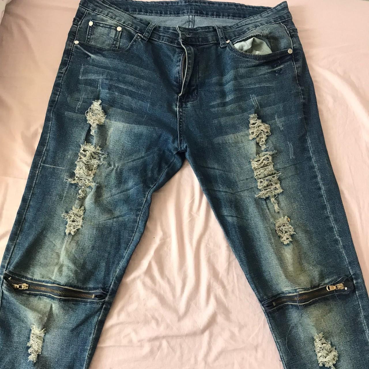Blue Denim Ripped Jeans Condition - 7/10 Worn (too... - Depop