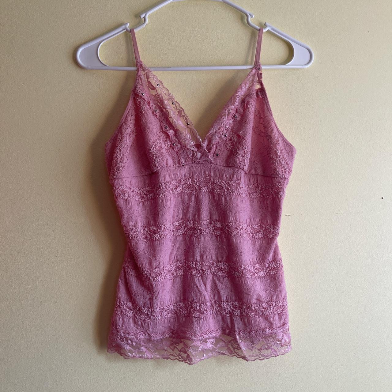 Pink y2k tank top Lacey with little rhinestones - Depop