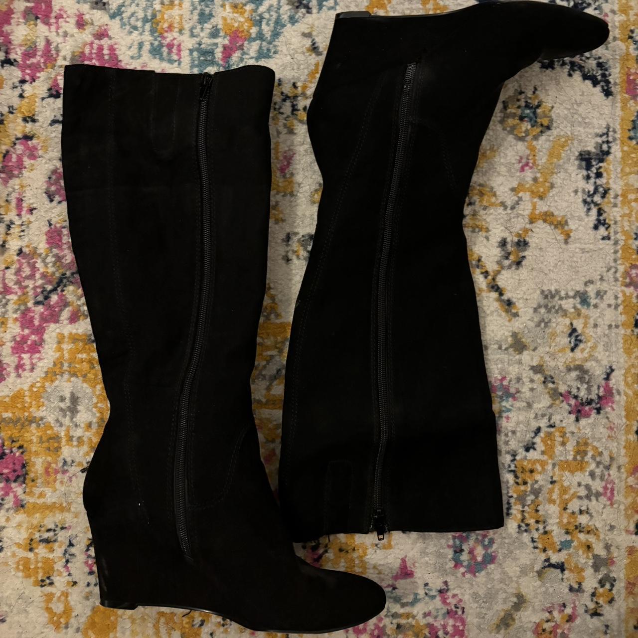 nine west tall black suede boot with wedge in. Depop