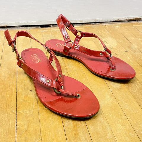 Red patent leather flip on sale flops