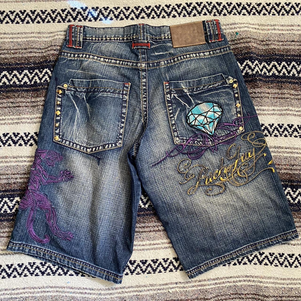 Y2k Baggy Rich Guy Jorts With Crazy Embroidery In A Depop 6100