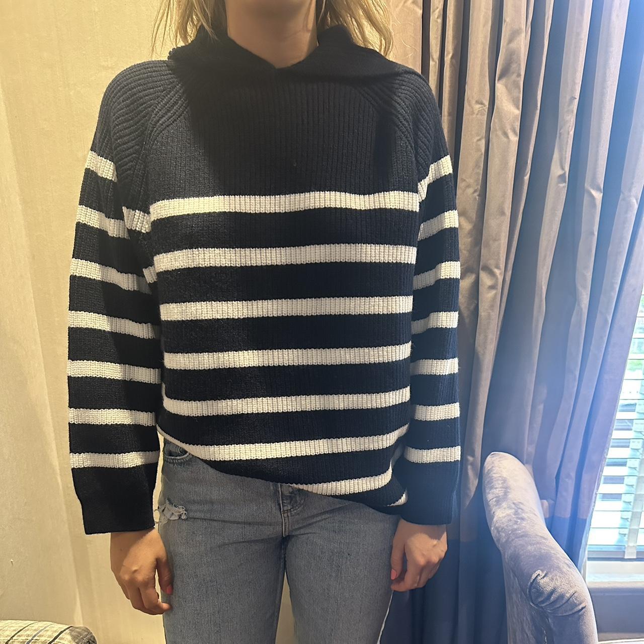 Zara navy and white striped jumper with hood new