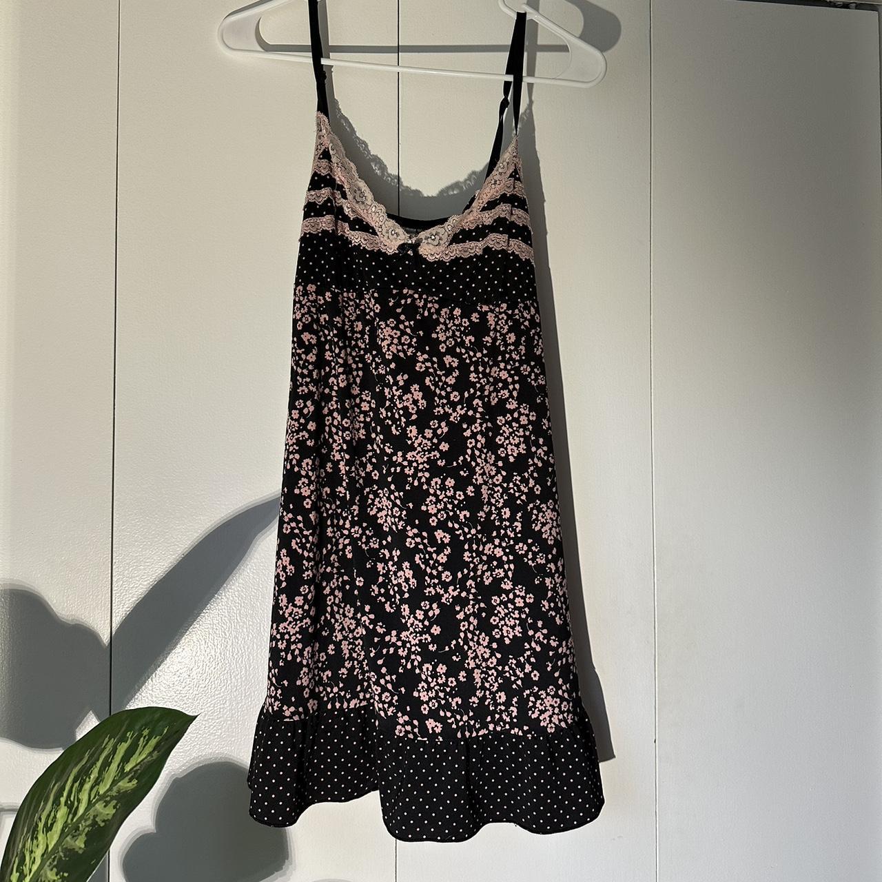 Black and pink floral vintage slip dress with lace... - Depop