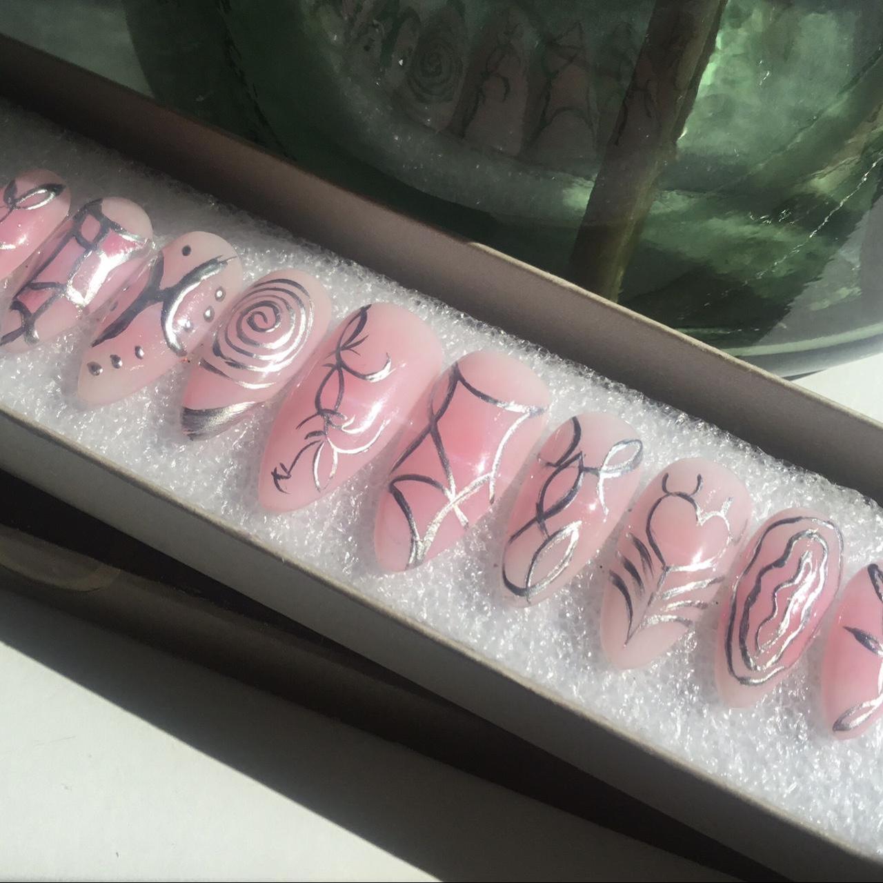 Pink And Silver Chrome Design Reusable Press On... - Depop