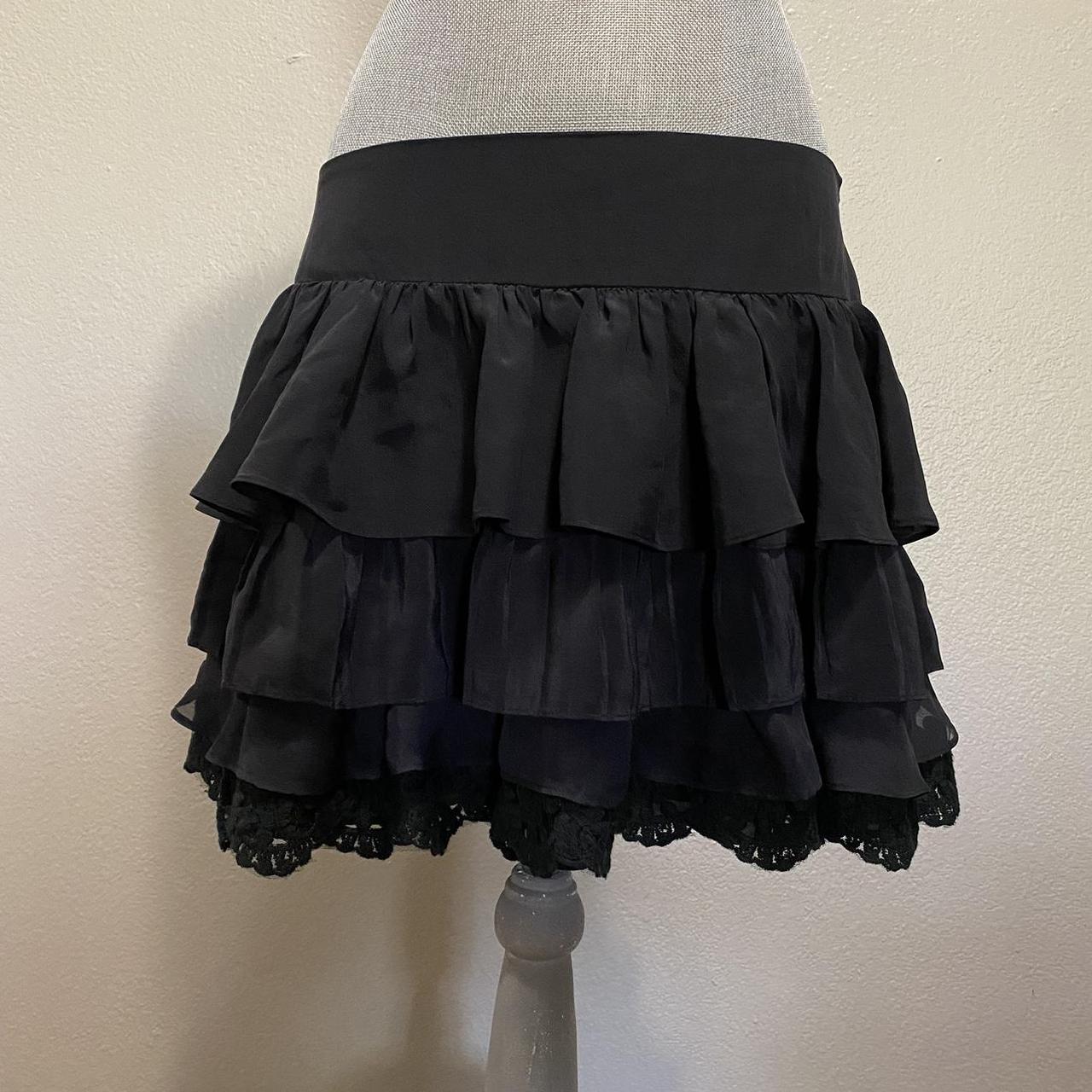 Black layered tiered ruffle mini skirt with lace... - Depop