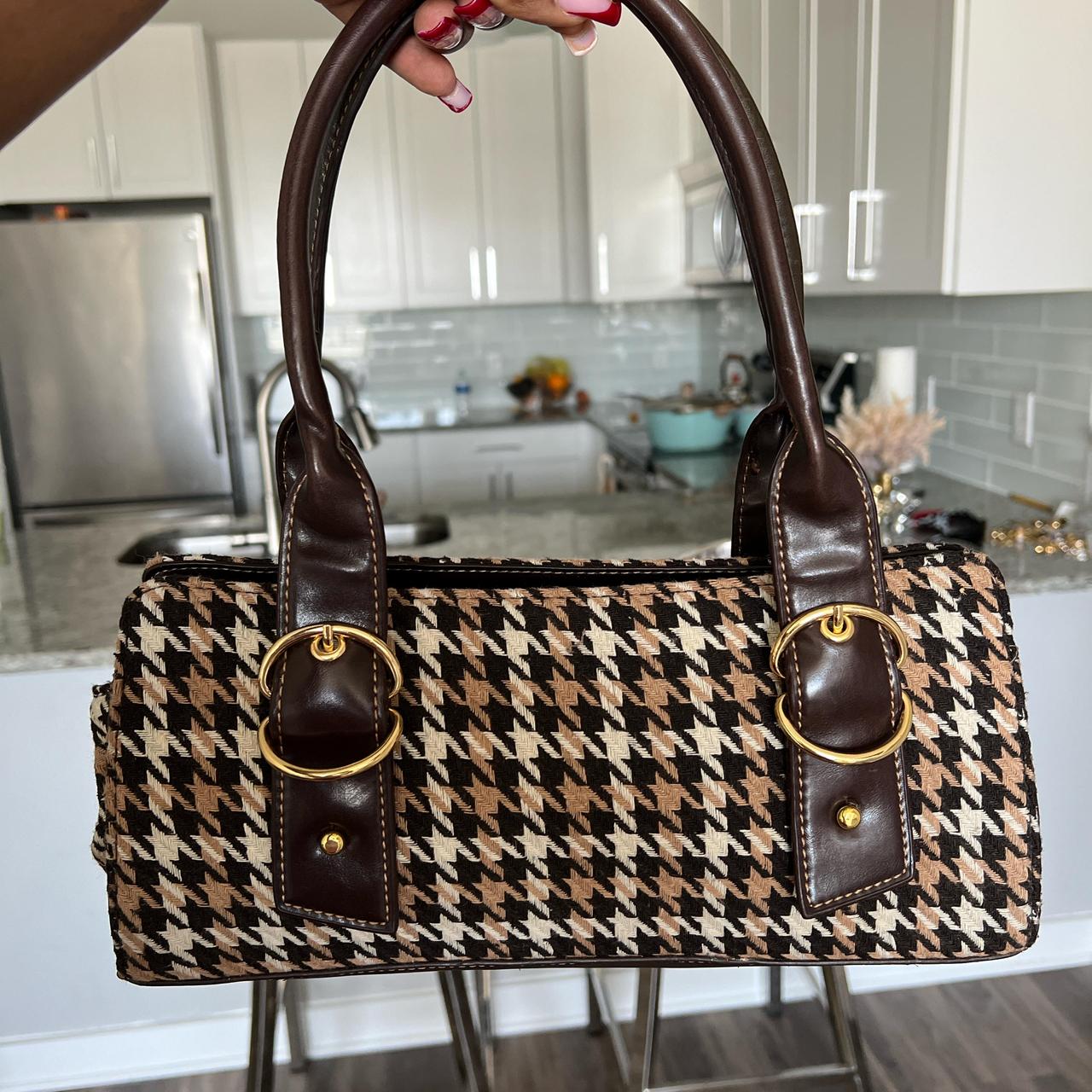 Vintage brown leather and plaid shoulder bag Depop