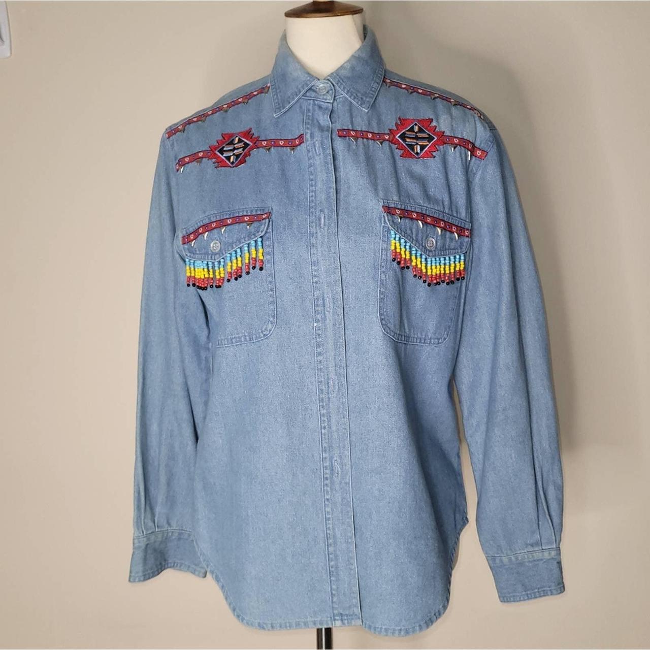 Lew Magram Vintage Blue Denim Long-Sleeved Collared... - Depop