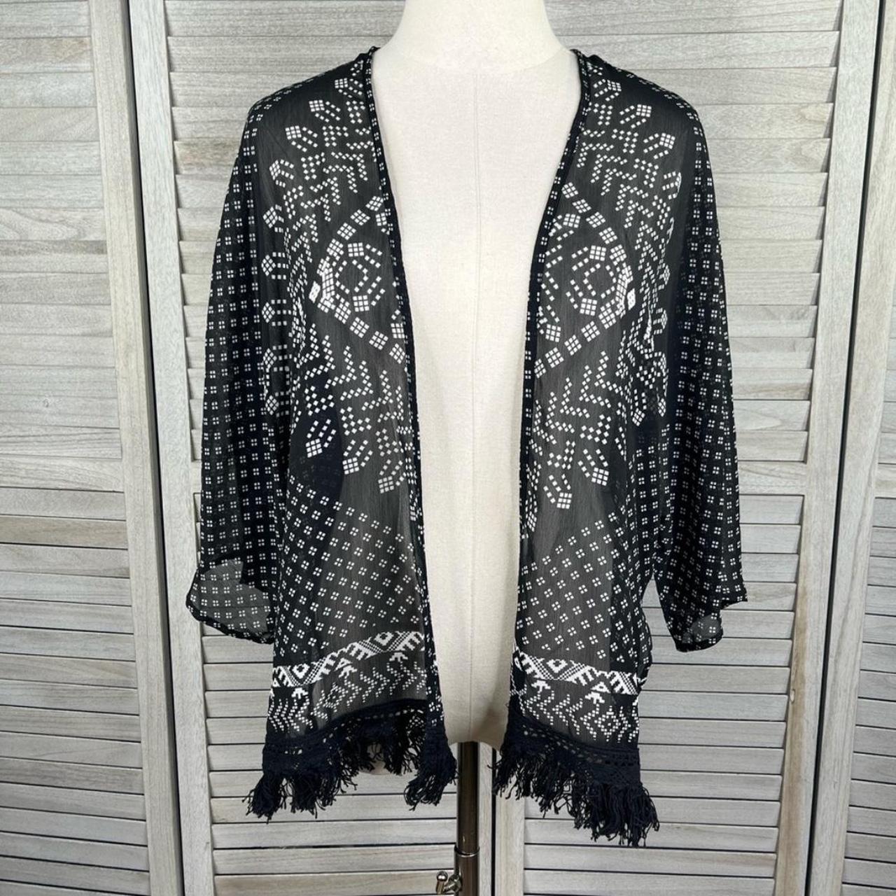 Xhilaration Women's Blouse - Black/White – XHILARATION Sheer Patterned Kimono Top Tassel Trim …