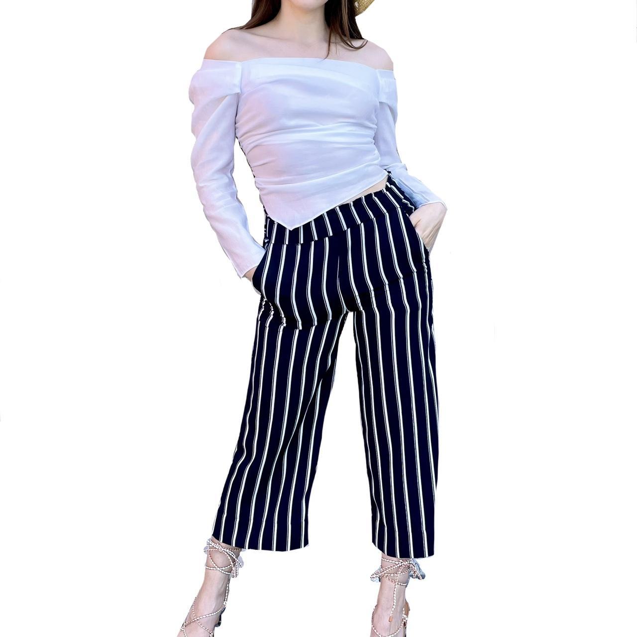 H&m Ladies Navy Striped Trousers Navy Blue Striped Blue And