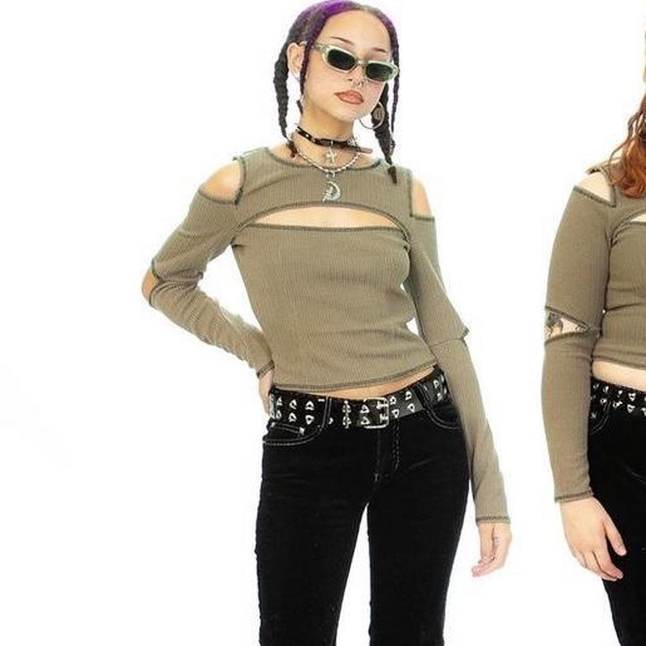 Khaki Green TUNNEL VISION top with black stitching... Depop