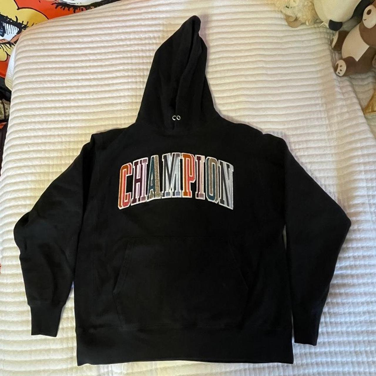 Champion letter hoodie. Lettering is 3D and