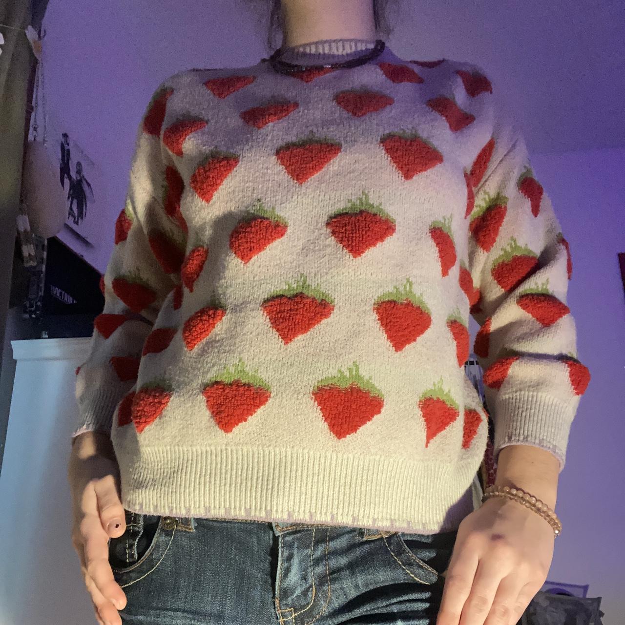 strawberry hand-knit sweater with purple detailing.... - Depop