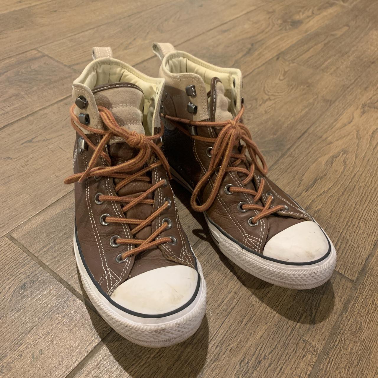 Brown leather converse with detailing. Mens size 8 - Depop