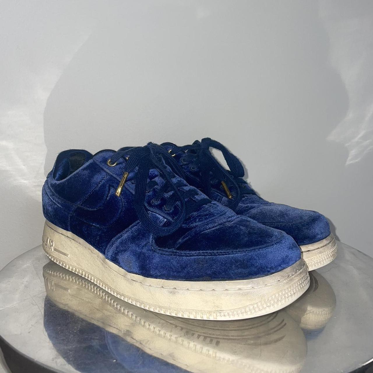 Blue suede Nike Air Force Ones with gold accents.... - Depop
