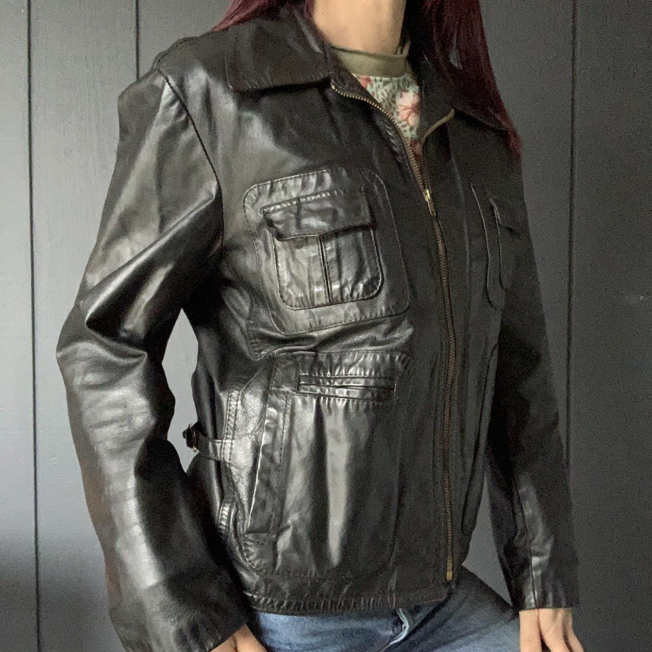 Black Full Sleeves Leather Jacket with Zipper Pocket Adjustable Waist