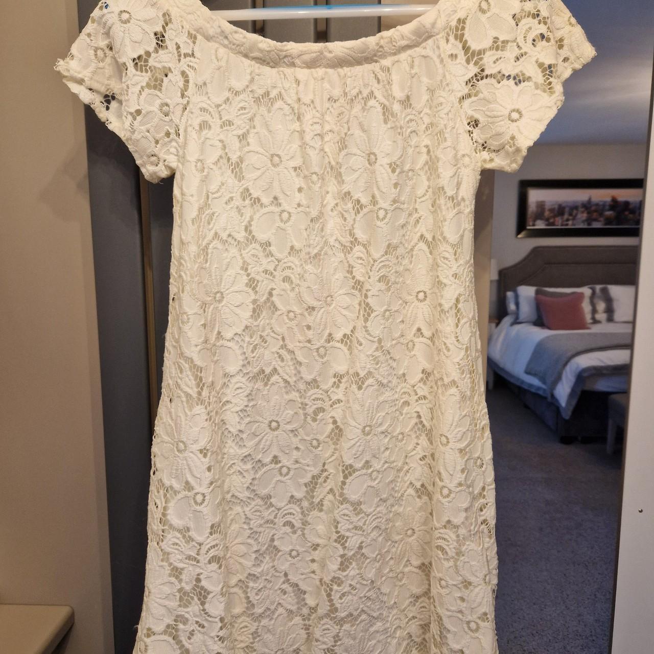 White bardot lace dress. White off the shoulder dress. - Depop