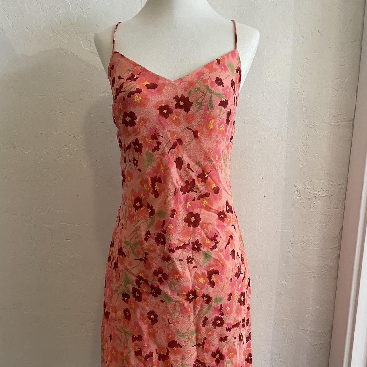 90s pink floral mini dress with a criss crossed... - Depop