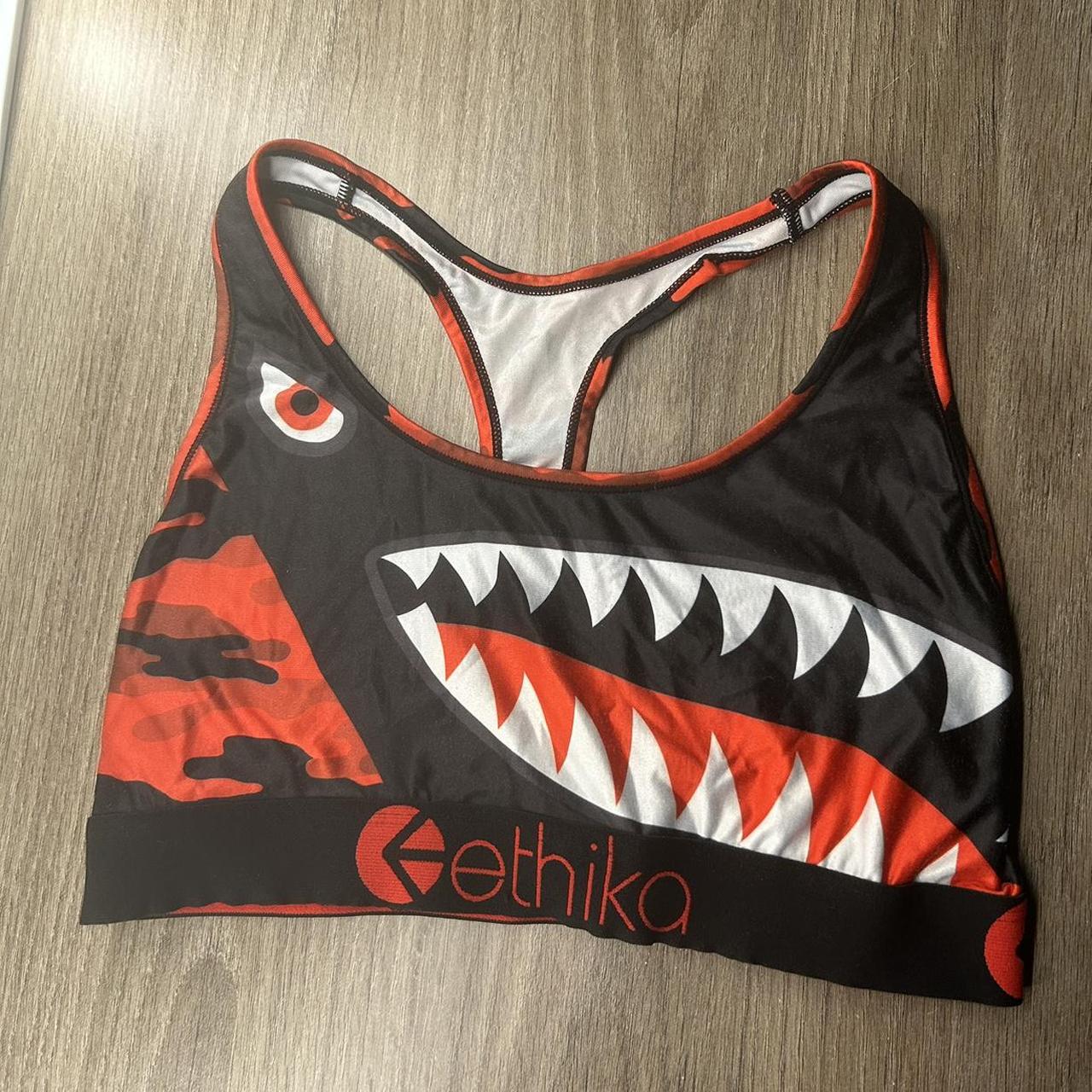 Red shark Ethika sports bra •barley worn •size L but... - Depop