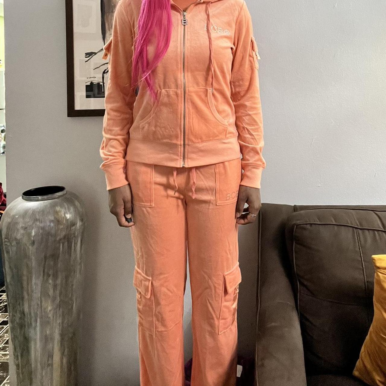 peach bcbg velour tracksuit with cargo style pockets | Depop