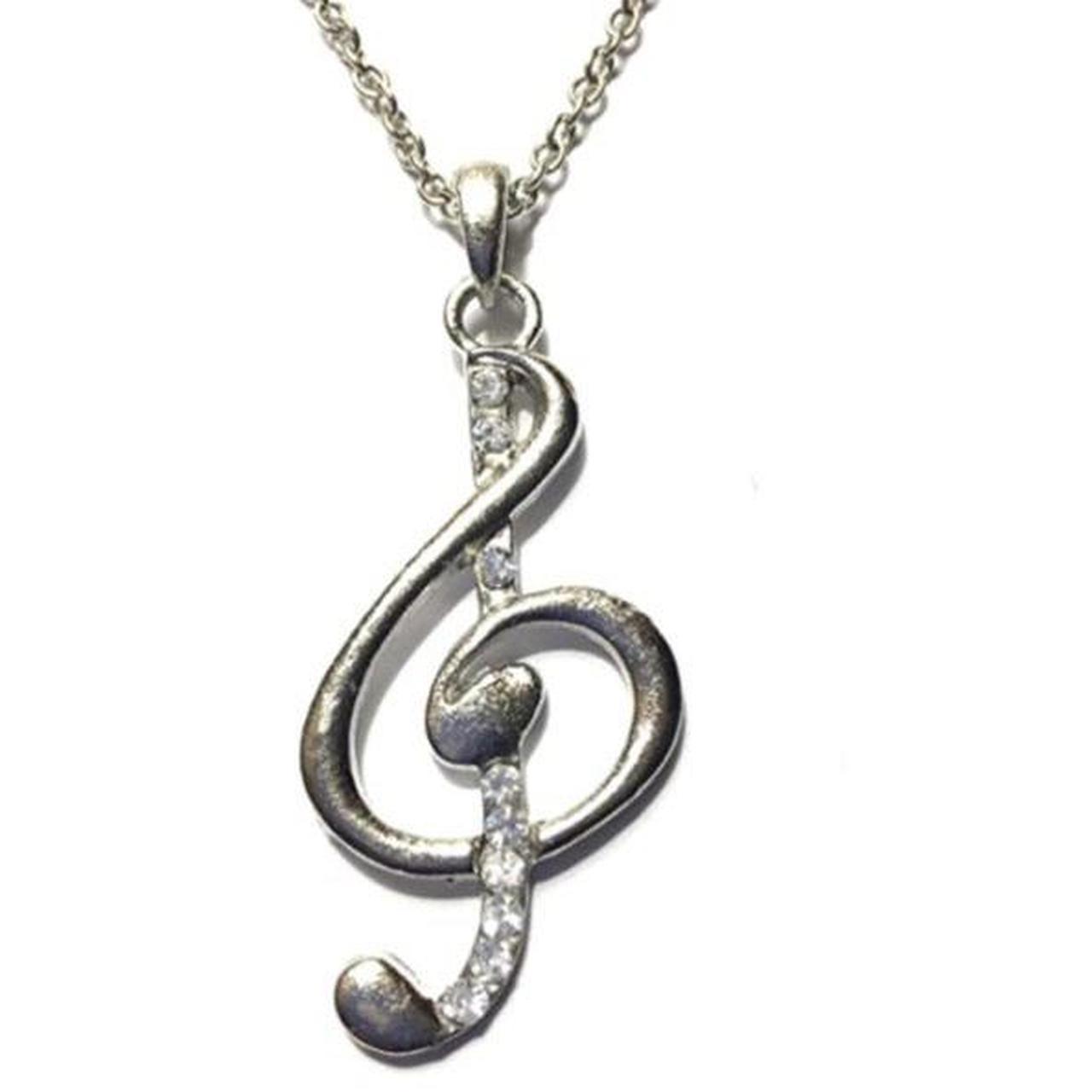 Music Note Necklace rhinestones Silver Tone Silver... - Depop