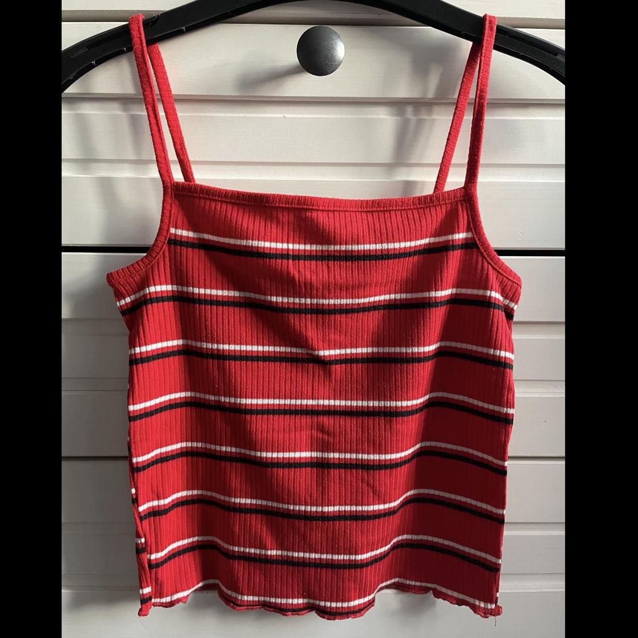 New Look red black and white stripe lettuce hem vest... - Depop