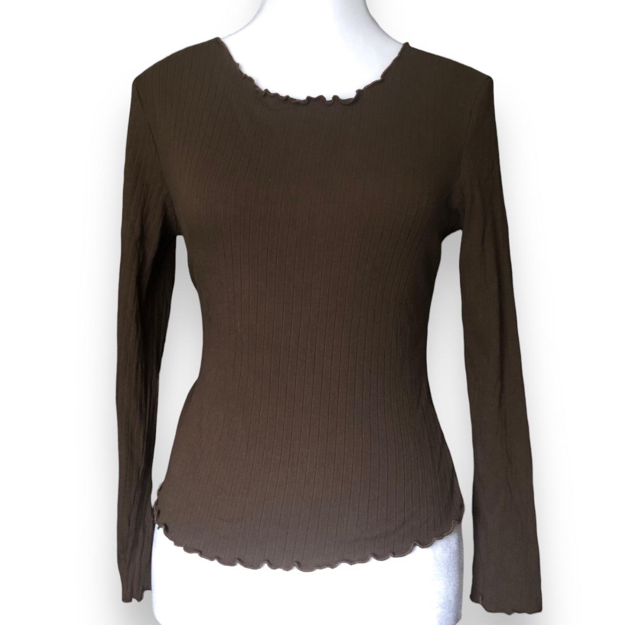Brown ruffle top Long sleeve scoop neck Size L but... - Depop