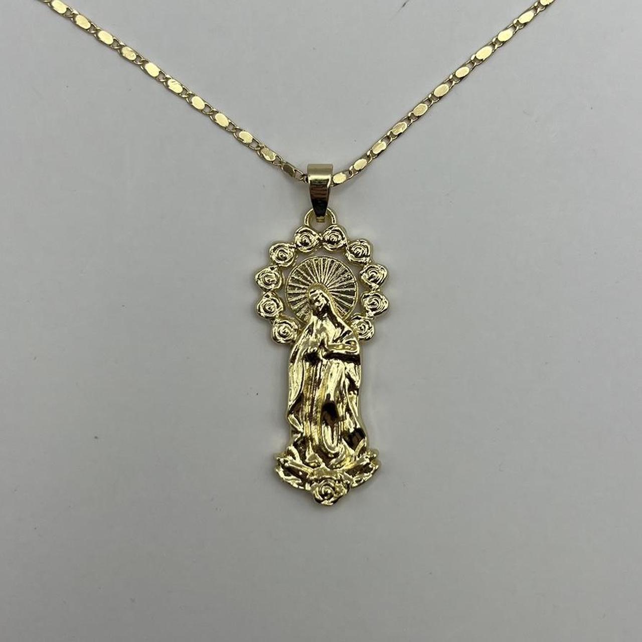 y2k 2000s Virgin Mary flower gold necklace these... - Depop