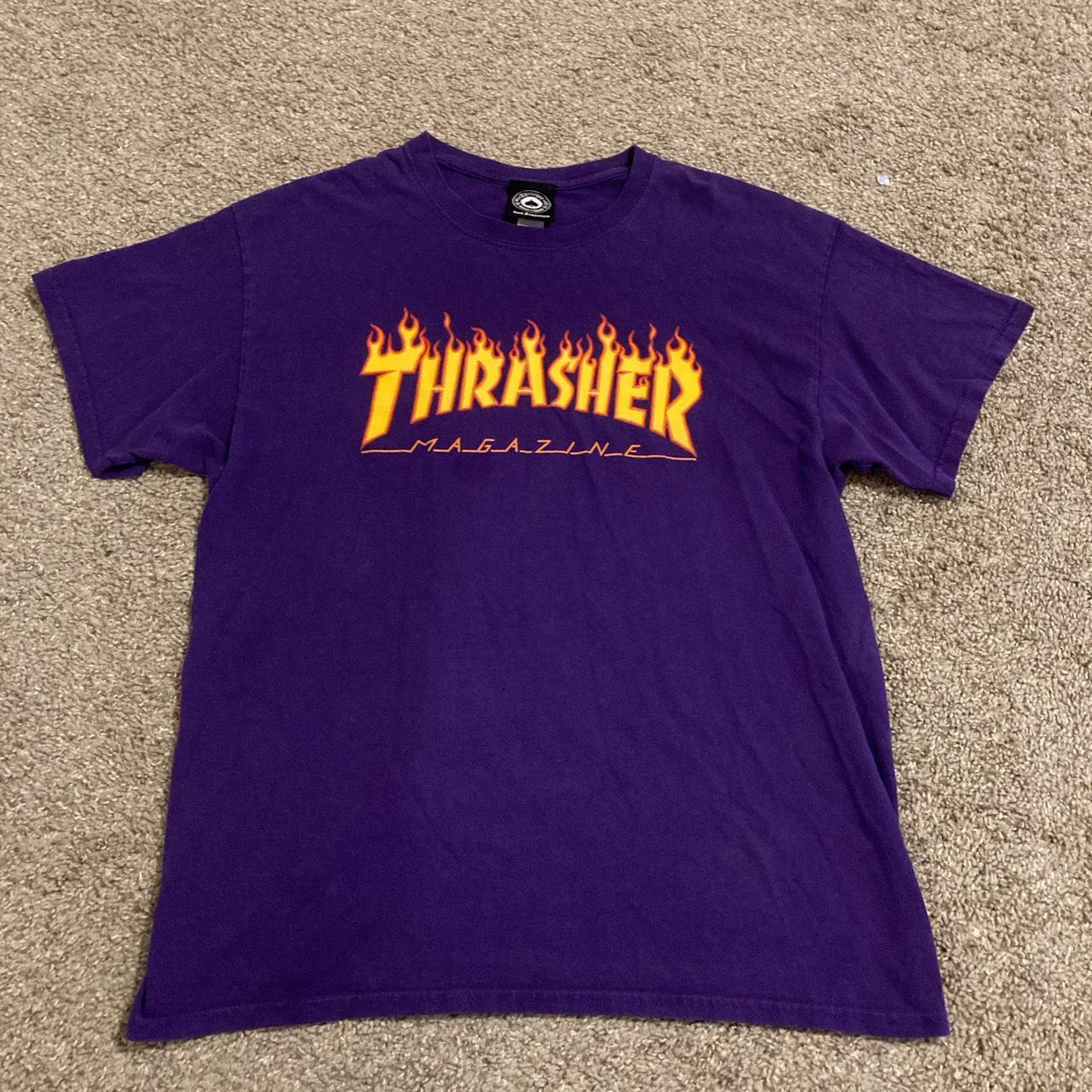 Thrasher purple short sleeve shirt with flame logo,... - Depop