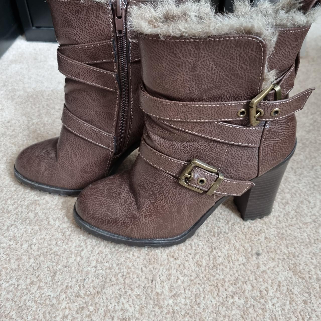 Brown Ankle Boots Size 3 Fur Detail 4in Block Heel - Depop