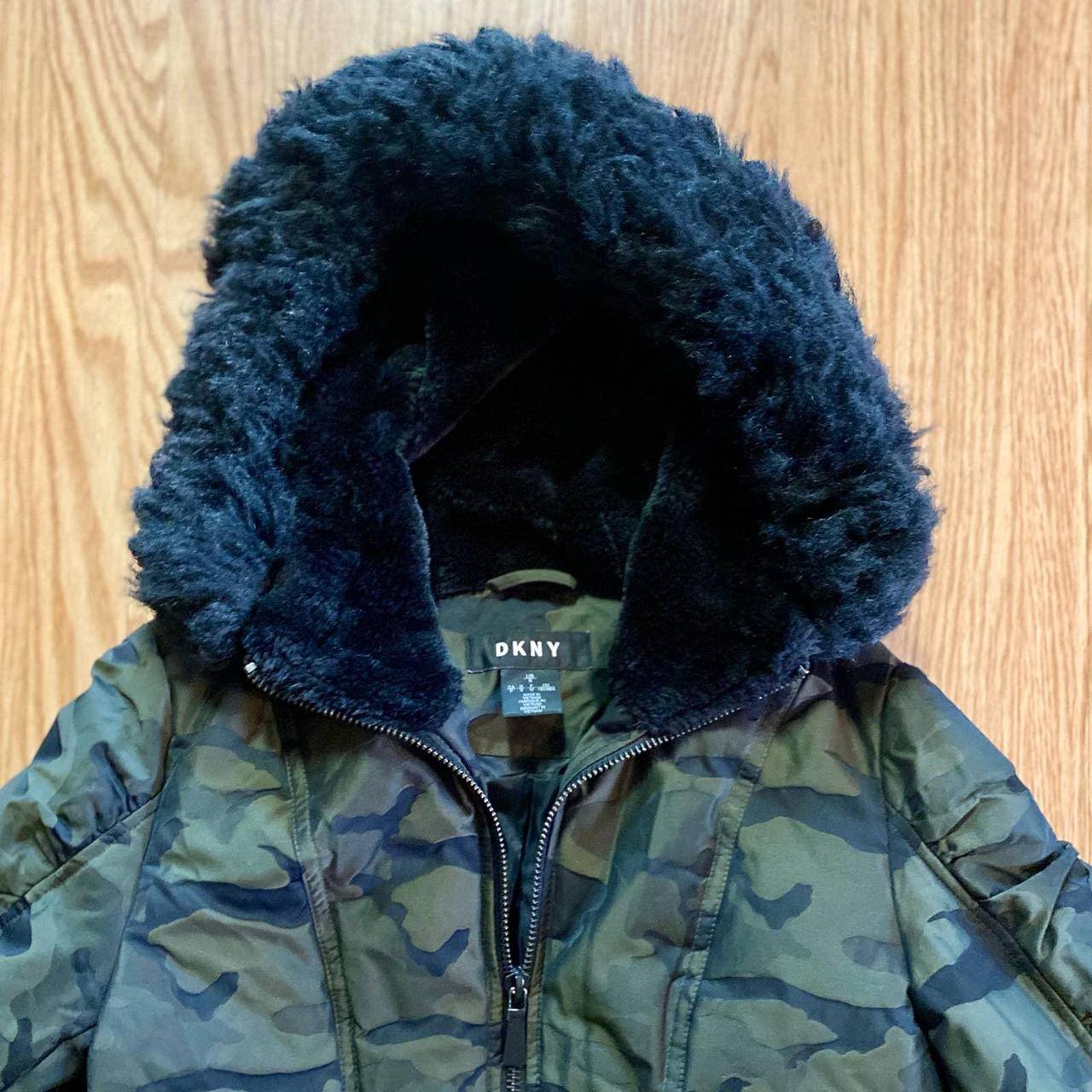 DKNY Camo pattern hooded puffer parka coat jacket