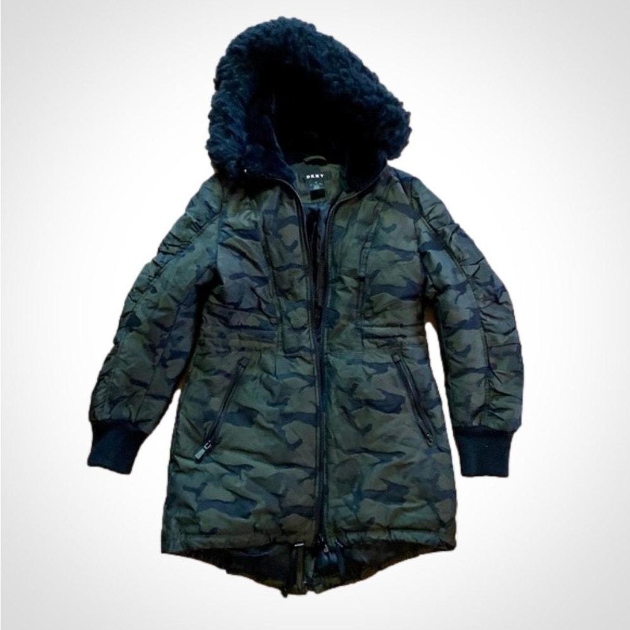 DKNY Camo pattern hooded puffer parka coat jacket