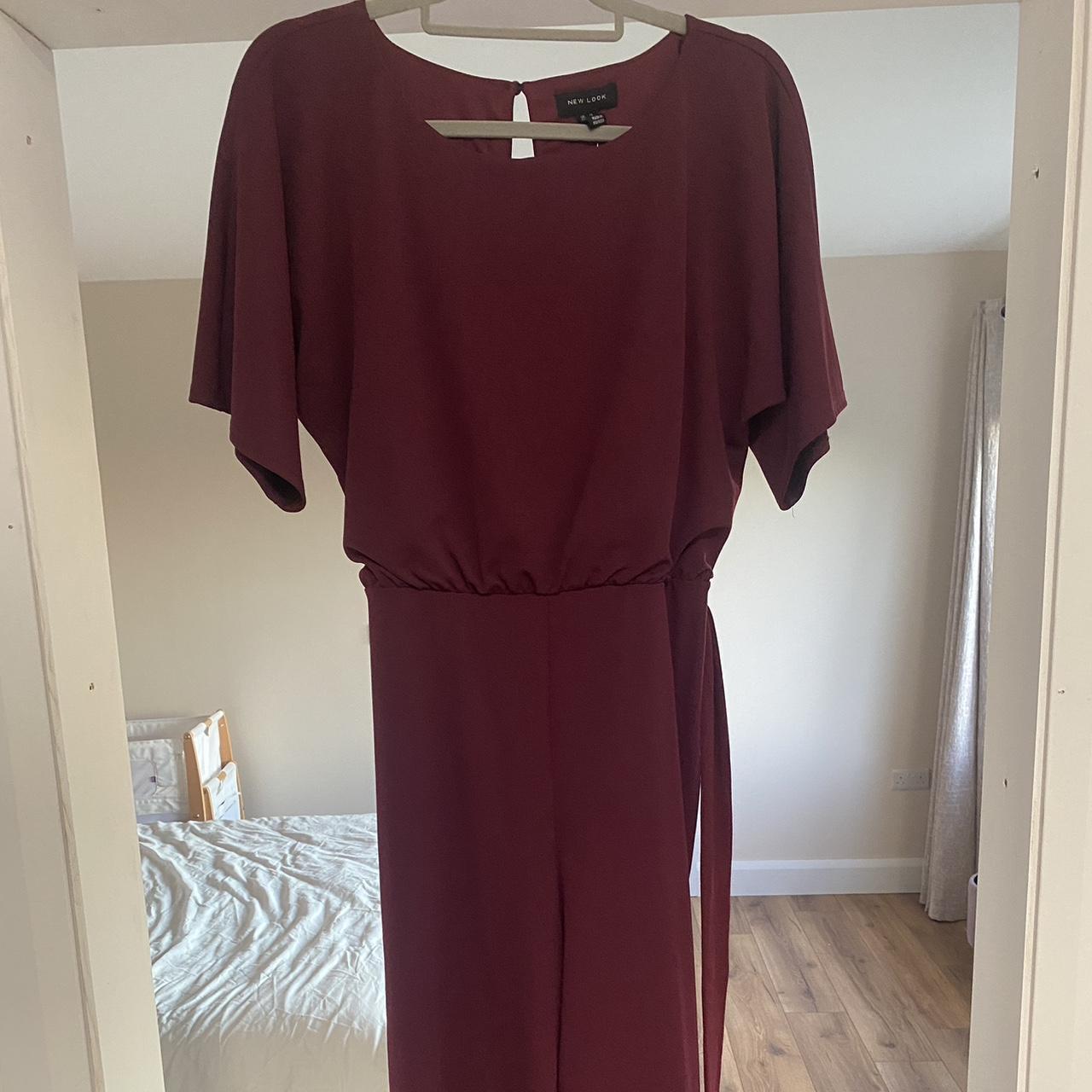 Burgundy Newlook jumpsuit with tie waist flared. Depop