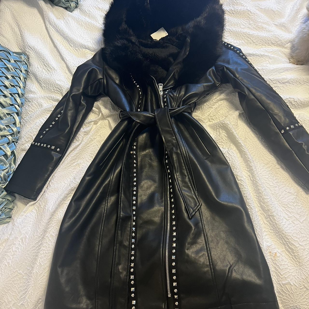 AKIRA Leather studded coat with faux fur... - Depop