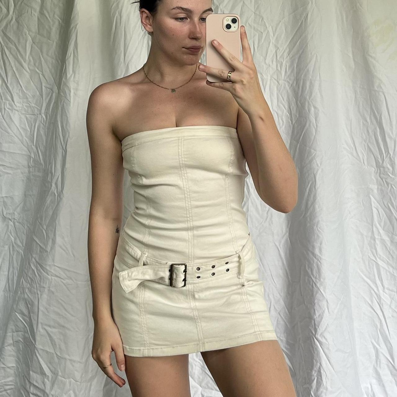 Cream denim mini dress with belt - Strapless -... - Depop