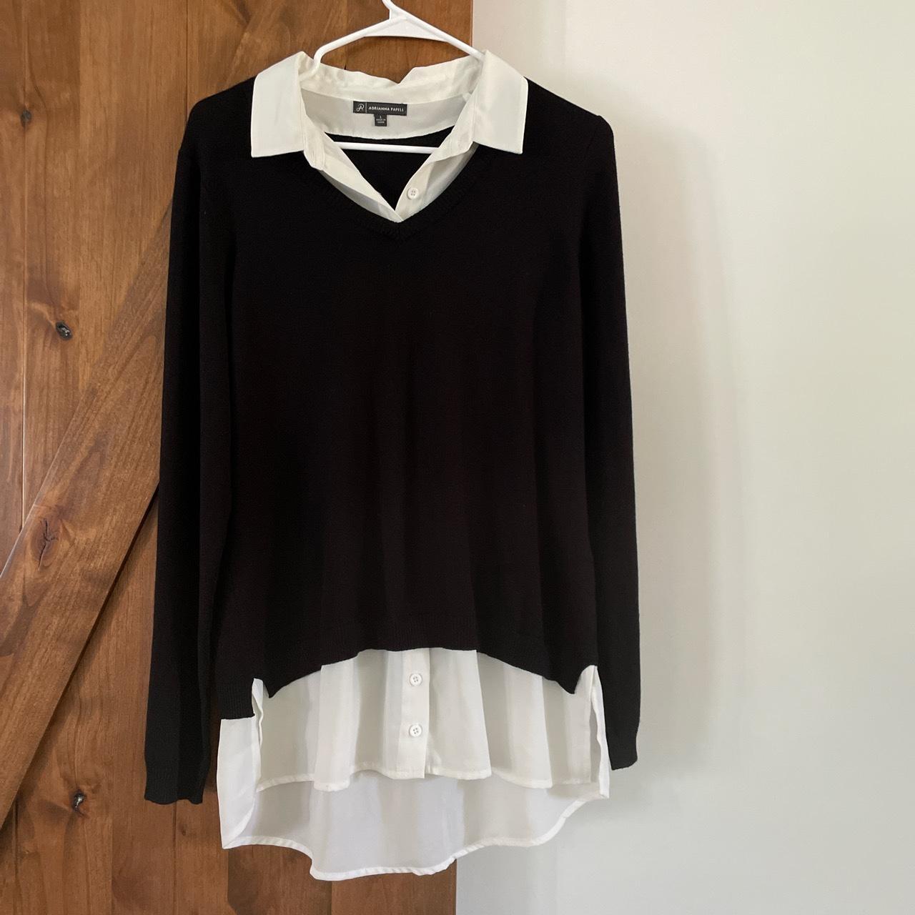 Forgiving black v neck sweater with built in white