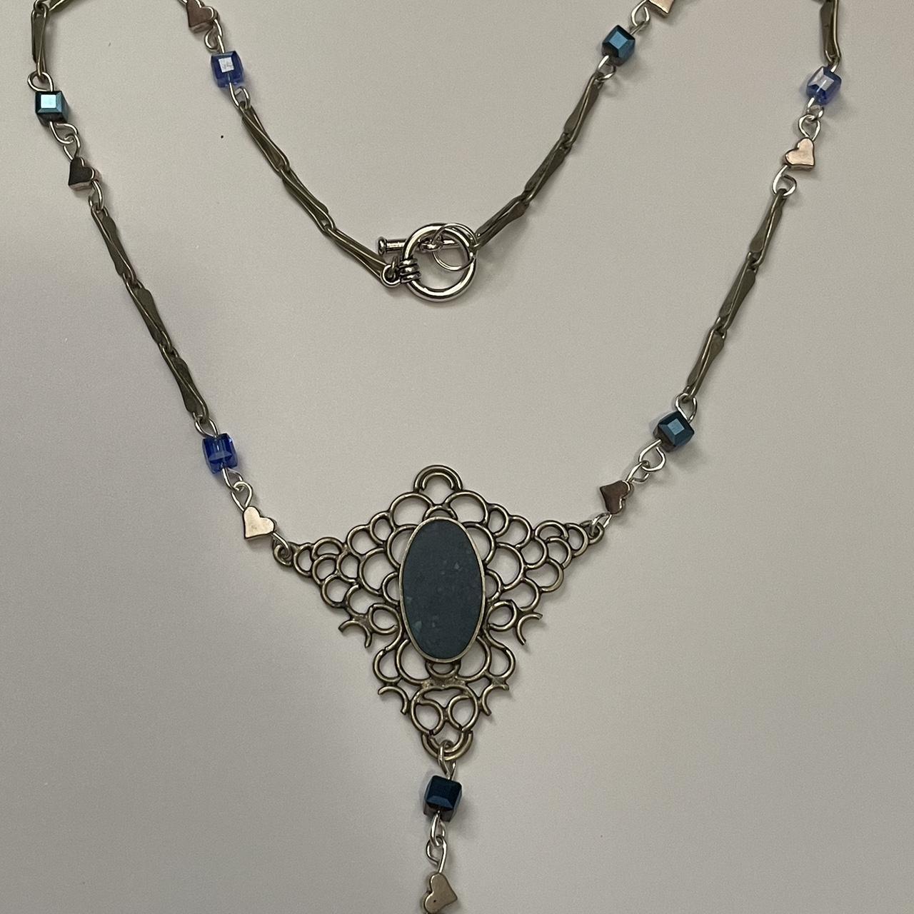 handmade blue beaded silver chain statement necklace... - Depop