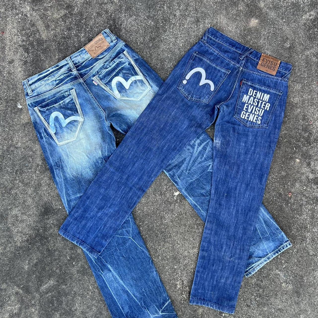 Evisu Men's Blue and White Jeans | Depop