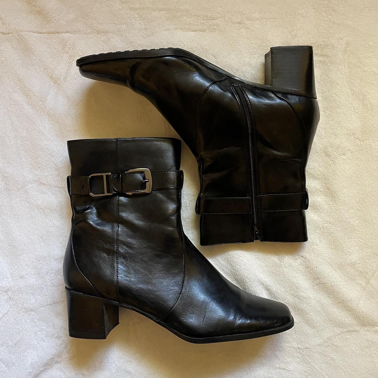 🖤 Black faux leather square toe heeled boots! 🖤 By... - Depop