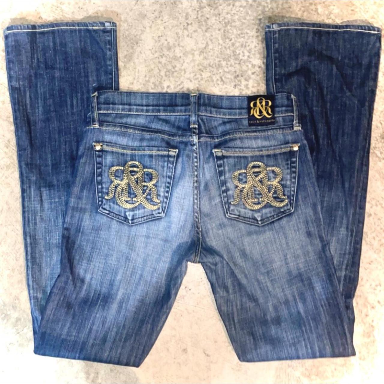 Rock and Republic Women's Navy and Gold Jeans | Depop